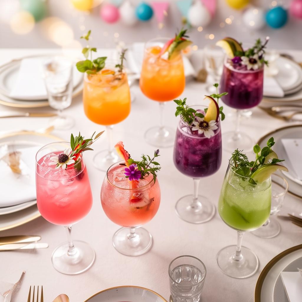 Mocktails coloridos sobre una mesa de fiesta